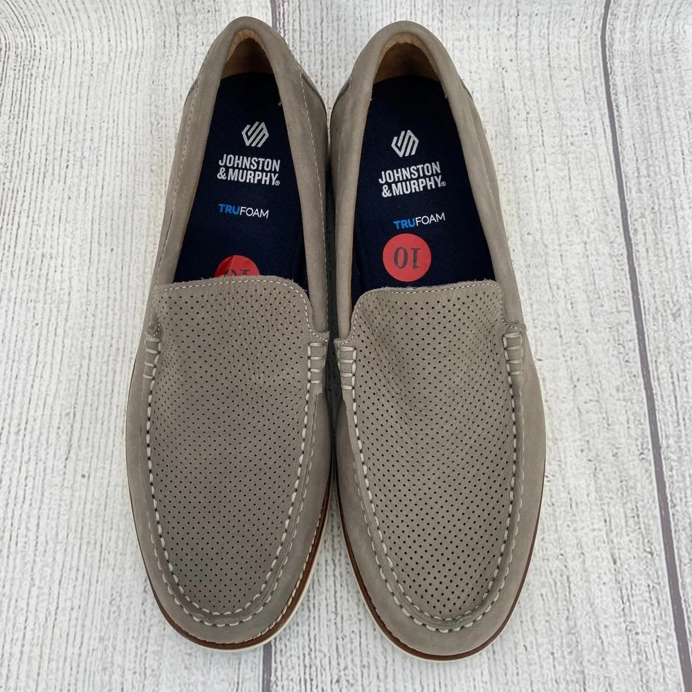 Johnston & Murphy Hodges Loafers Mens 10 Grey Nubuck Perforated TruFoam Shoes